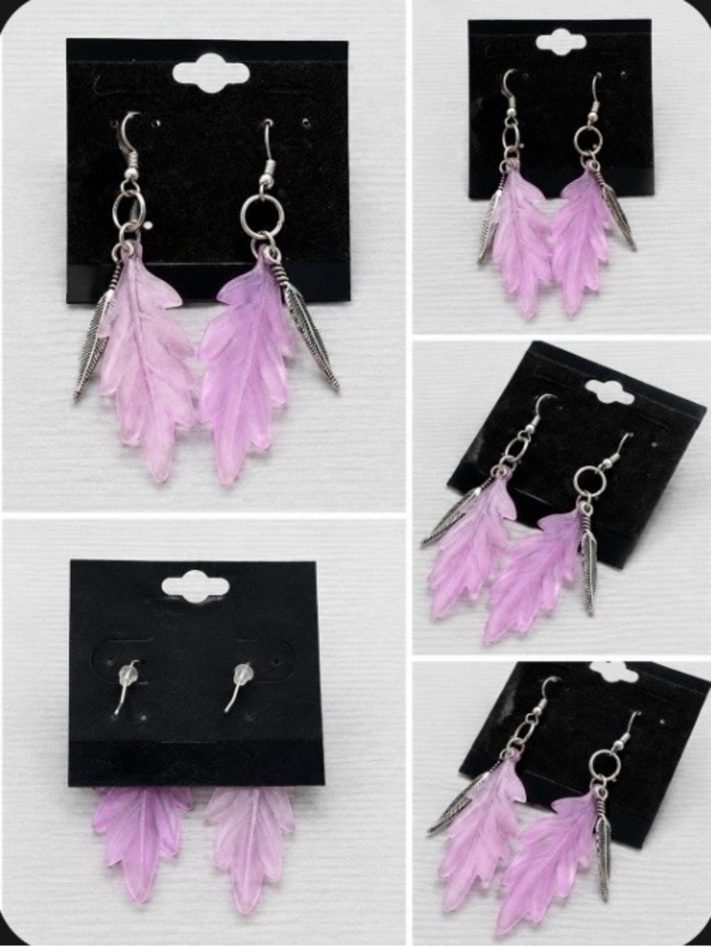 VINTAGE Boho Purple Feather Dangle Earrings Silver Leaf Charms Y2K Cottagecore